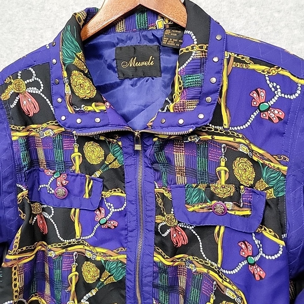 Vintage MURELI Windbreaker Vest Converts Purple Scarf Print Studded Jacket Sz L